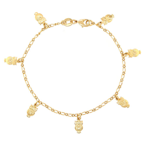 Introducing the mesmerizing Owl Charms Bracelet and Anklet, crafted in 14k gold-filled material. This exquisite piece showcases intricate owl charms and serves as a symbol of wisdom and intuition, making it a perfect accessory for both luck and beauty in sizes for babies and women.